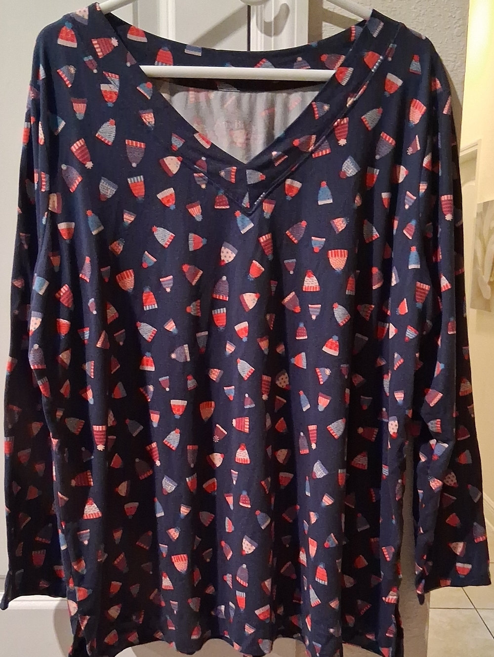 AnyBody Navy Long Sleeve V-Neck Top with Red & Light Blue Print